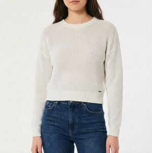 Hollister White Textured Knit Cropped Sweater Size M California Crewneck Crop
